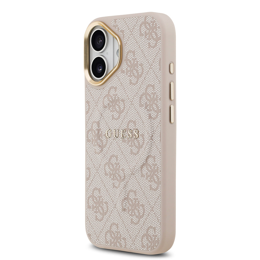 iPhone 17 Kılıf Guess Orijinal Lisanslı M-safe Şarj Özellikli Gold Metal Kamera Çerçeveli PU Deri 4G Desenli Yazı Logolu Kılıf
