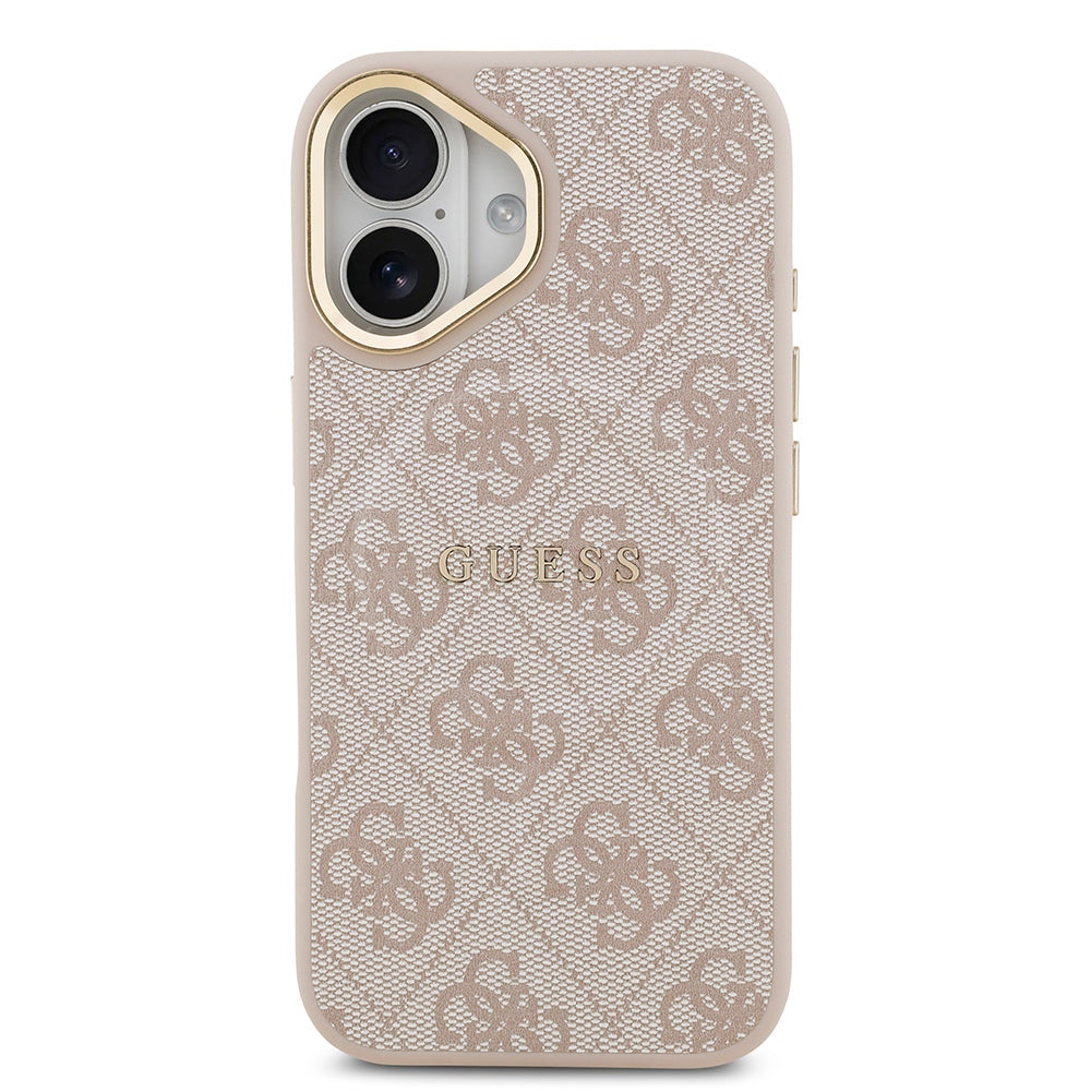 iPhone 17 Kılıf Guess Orijinal Lisanslı M-safe Şarj Özellikli Gold Metal Kamera Çerçeveli PU Deri 4G Desenli Yazı Logolu Kılıf