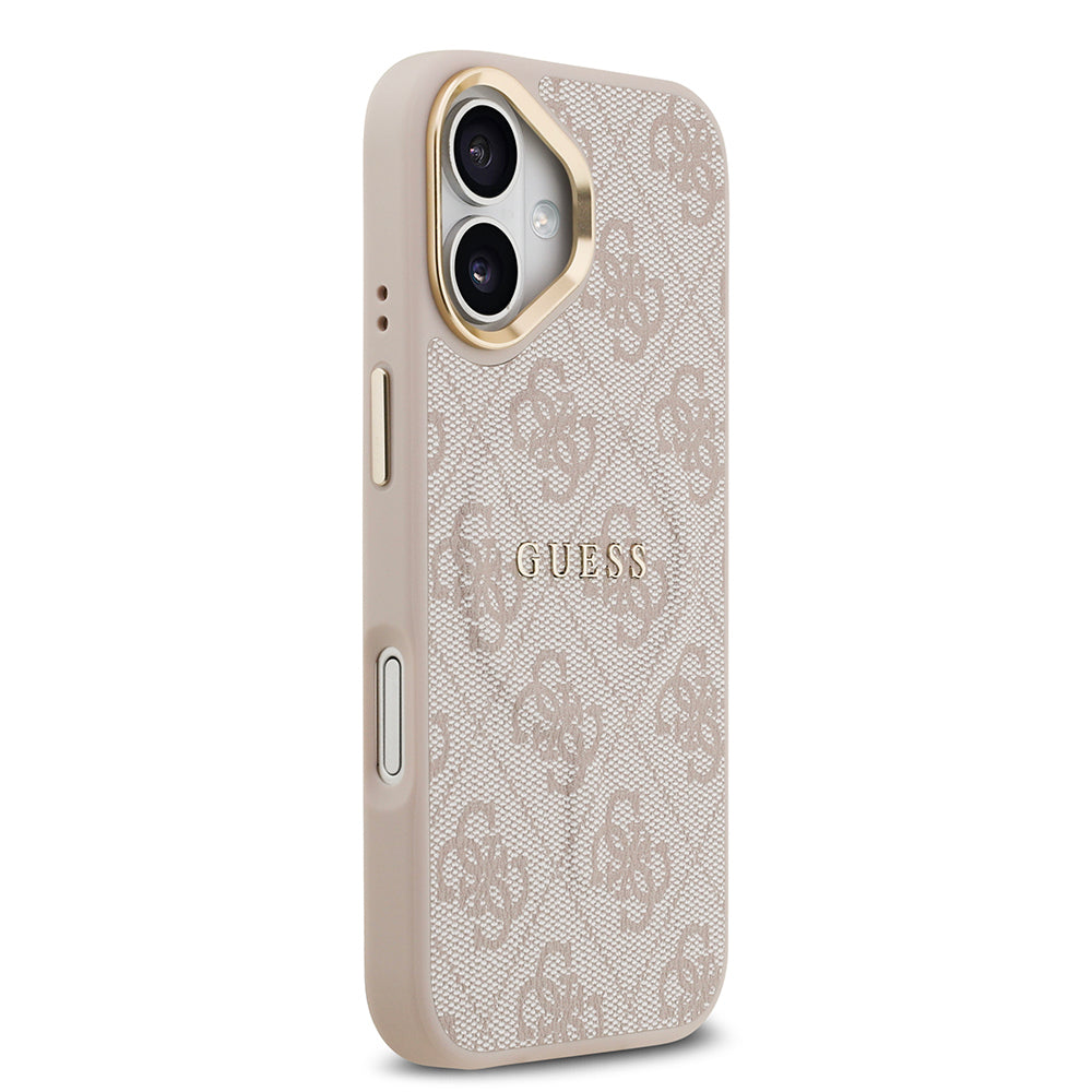 iPhone 17 Kılıf Guess Orijinal Lisanslı M-safe Şarj Özellikli Gold Metal Kamera Çerçeveli PU Deri 4G Desenli Yazı Logolu Kılıf