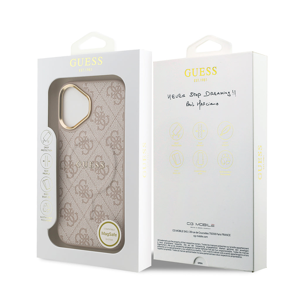 iPhone 17 Kılıf Guess Orijinal Lisanslı M-safe Şarj Özellikli Gold Metal Kamera Çerçeveli PU Deri 4G Desenli Yazı Logolu Kılıf