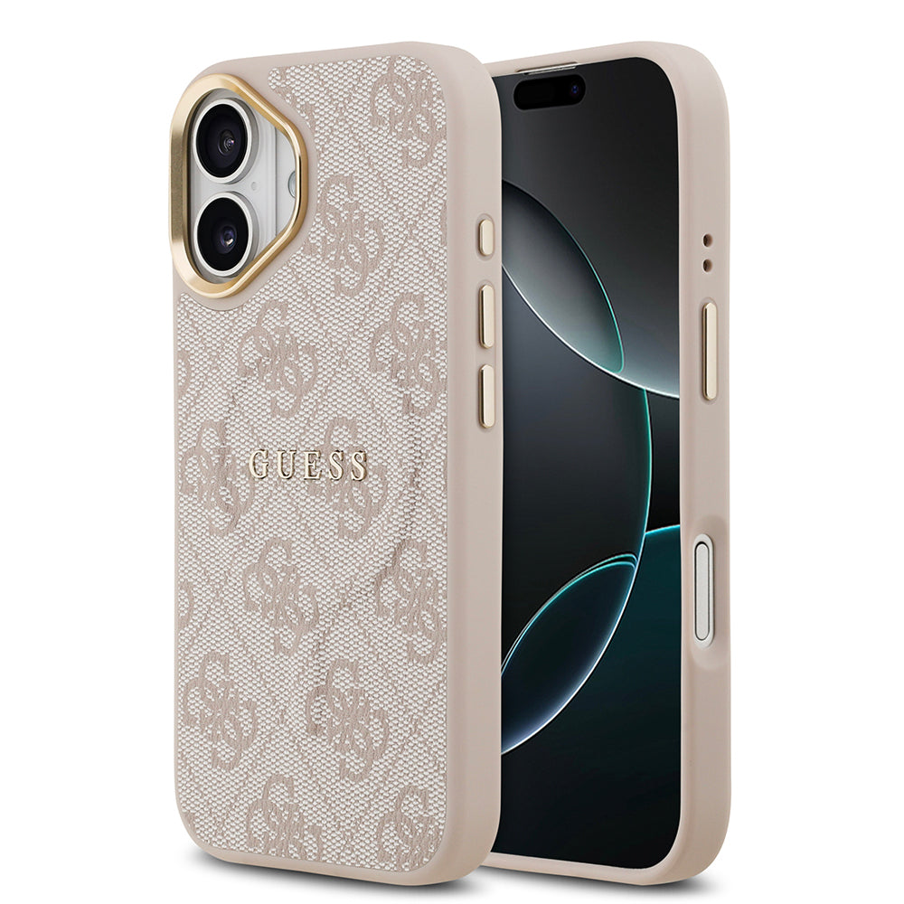 iPhone 17 Kılıf Guess Orijinal Lisanslı M-safe Şarj Özellikli Gold Metal Kamera Çerçeveli PU Deri 4G Desenli Yazı Logolu Kılıf