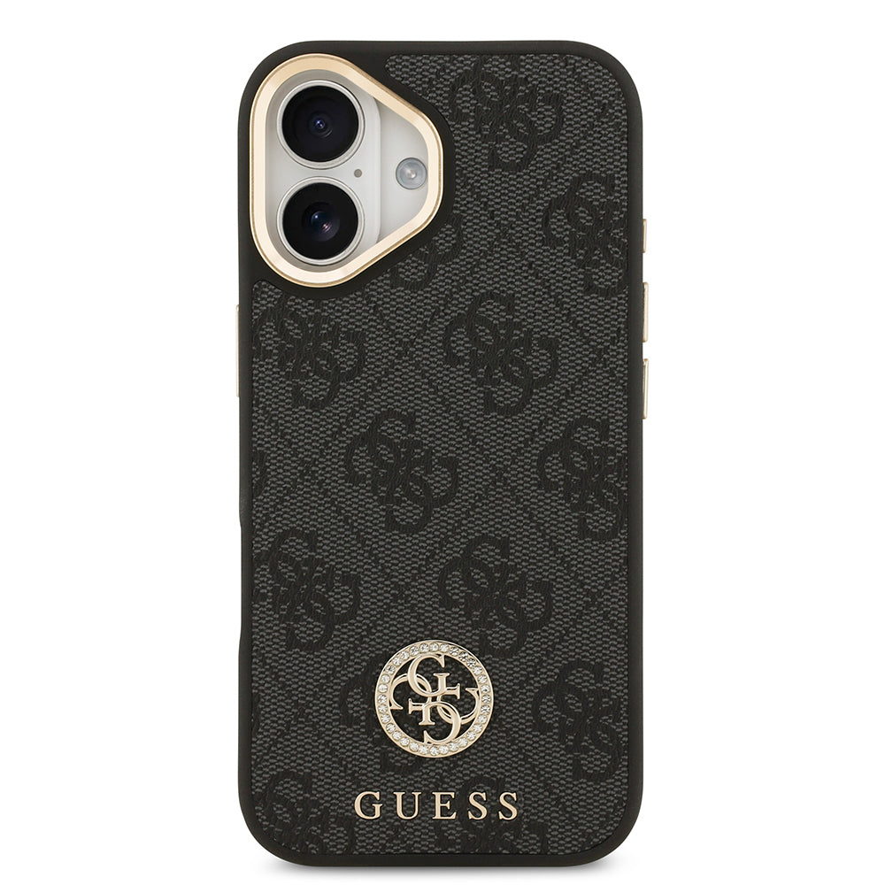 iPhone 17 Kılıf Guess Orijinal Lisanslı M-safe Şarj Özellikli Gold Metal Kamera Çerçeveli Taşlı 4G Logolu Kılıf