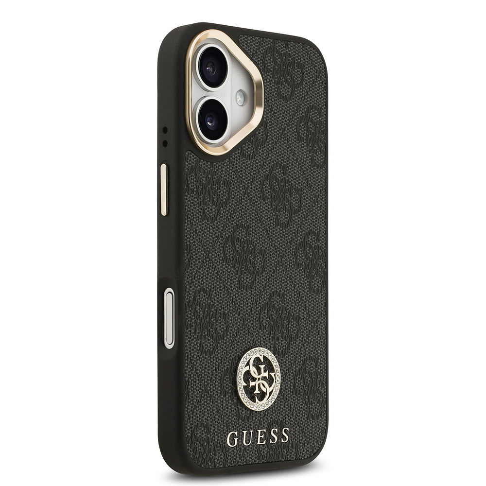 iPhone 17 Kılıf Guess Orijinal Lisanslı M-safe Şarj Özellikli Gold Metal Kamera Çerçeveli Taşlı 4G Logolu Kılıf