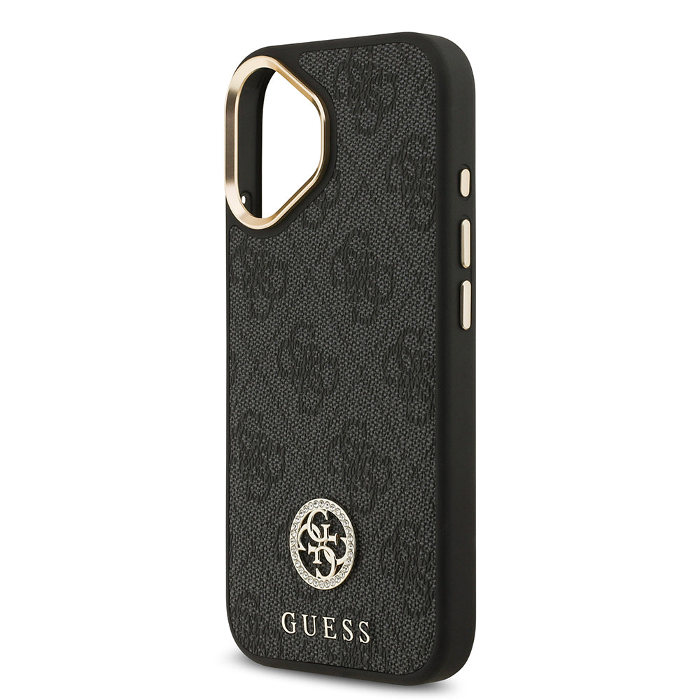 iPhone 17 Kılıf Guess Orijinal Lisanslı M-safe Şarj Özellikli Gold Metal Kamera Çerçeveli Taşlı 4G Logolu Kılıf