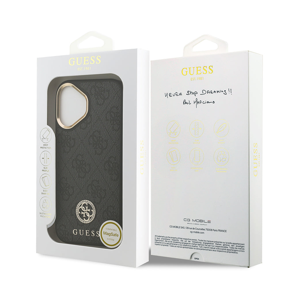 iPhone 17 Kılıf Guess Orijinal Lisanslı M-safe Şarj Özellikli Gold Metal Kamera Çerçeveli Taşlı 4G Logolu Kılıf