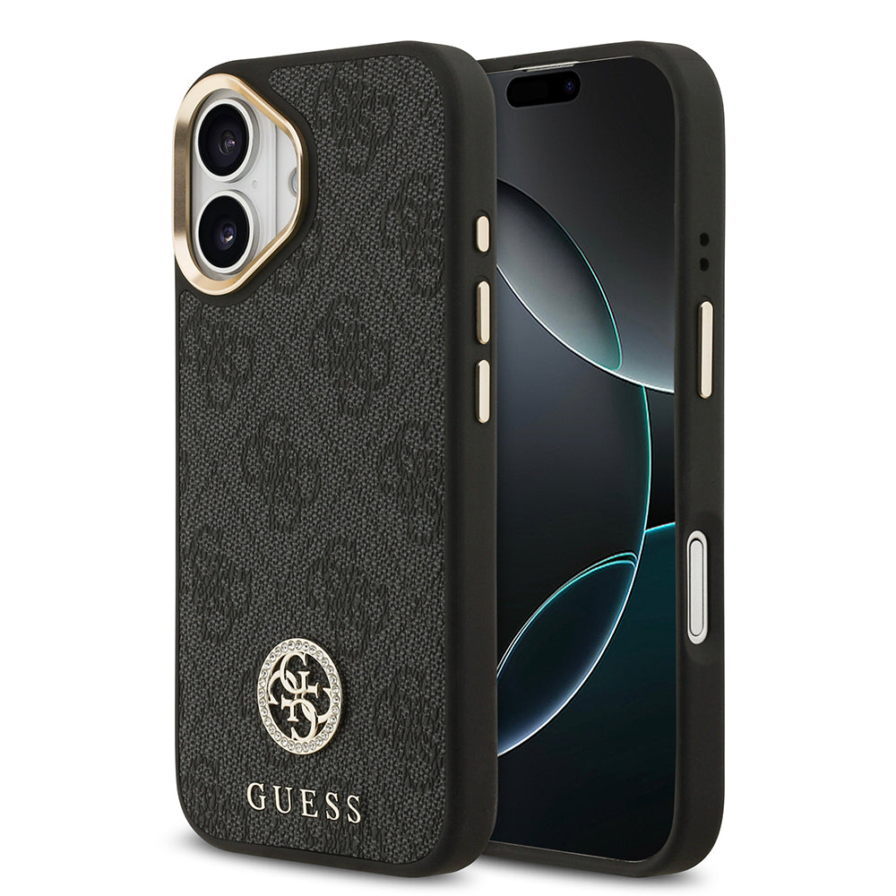 iPhone 17 Kılıf Guess Orijinal Lisanslı M-safe Şarj Özellikli Gold Metal Kamera Çerçeveli Taşlı 4G Logolu Kılıf