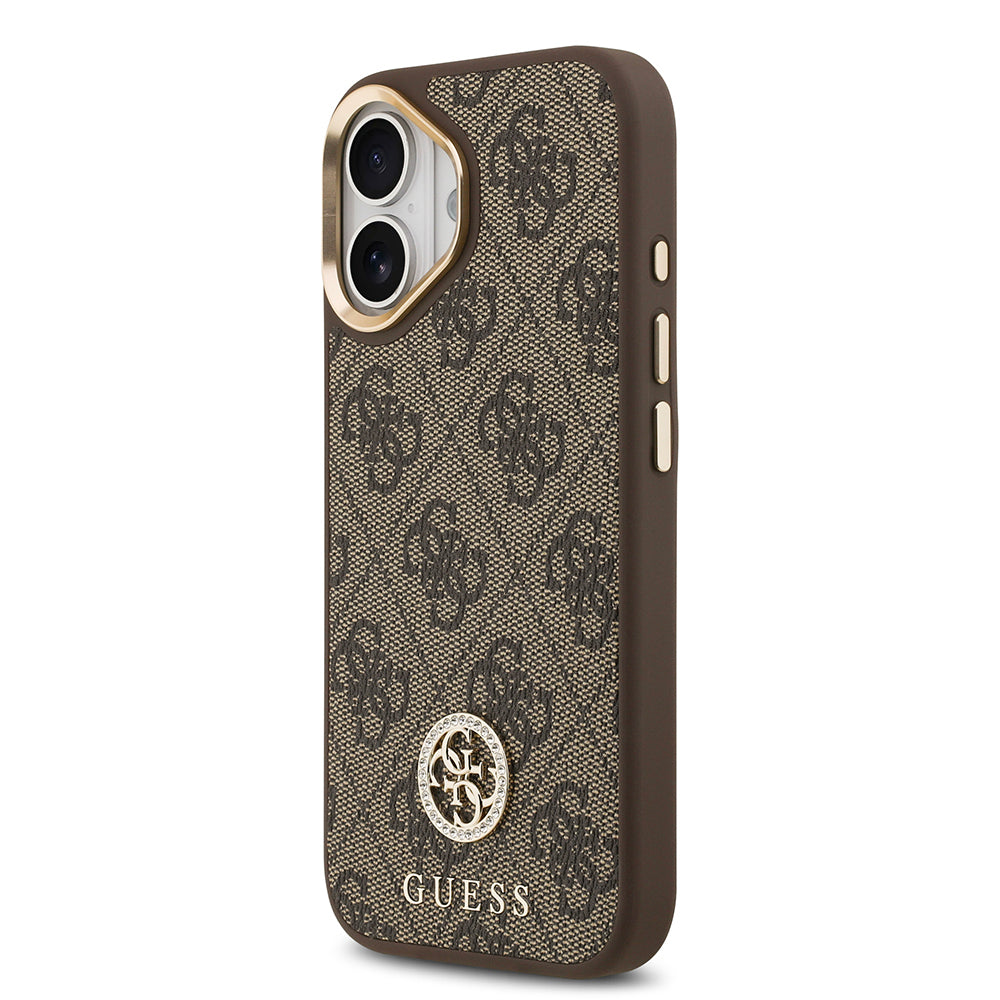 iPhone 17 Kılıf Guess Orijinal Lisanslı M-safe Şarj Özellikli Gold Metal Kamera Çerçeveli Taşlı 4G Logolu Kılıf