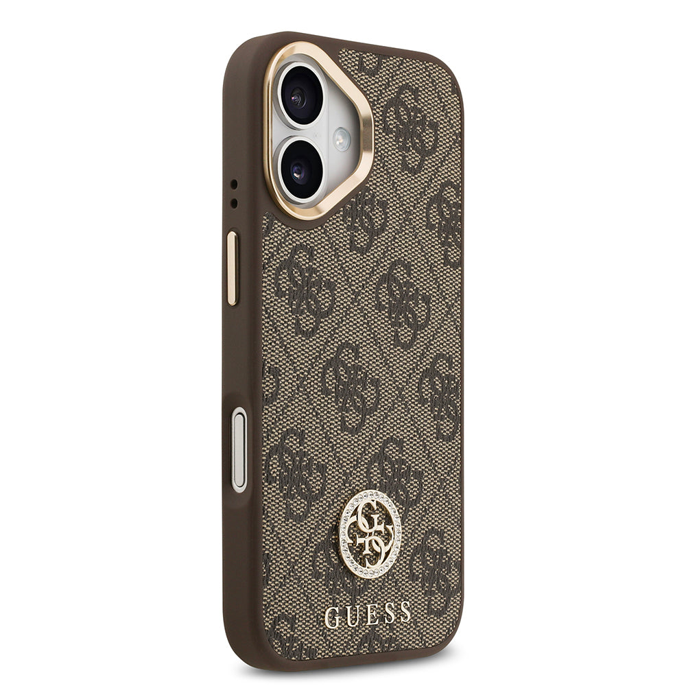 iPhone 17 Kılıf Guess Orijinal Lisanslı M-safe Şarj Özellikli Gold Metal Kamera Çerçeveli Taşlı 4G Logolu Kılıf