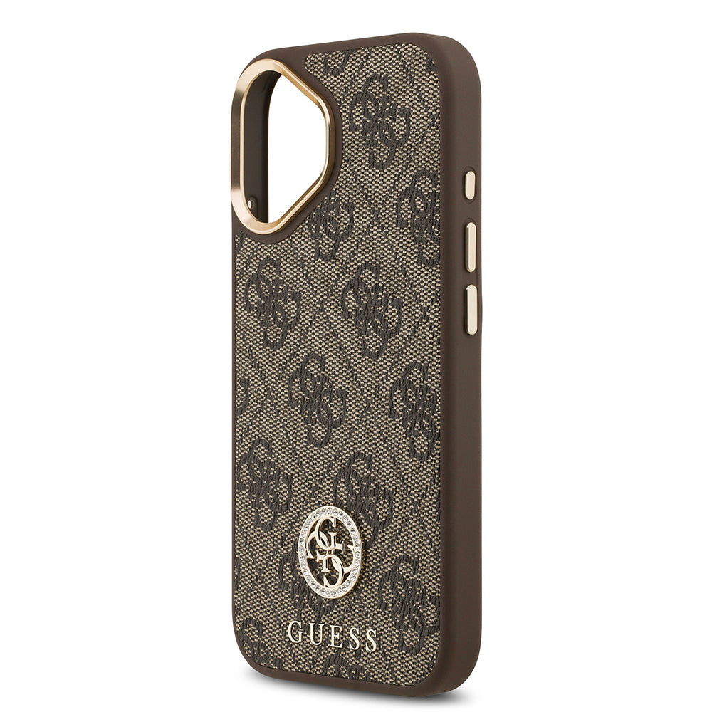 iPhone 17 Kılıf Guess Orijinal Lisanslı M-safe Şarj Özellikli Gold Metal Kamera Çerçeveli Taşlı 4G Logolu Kılıf