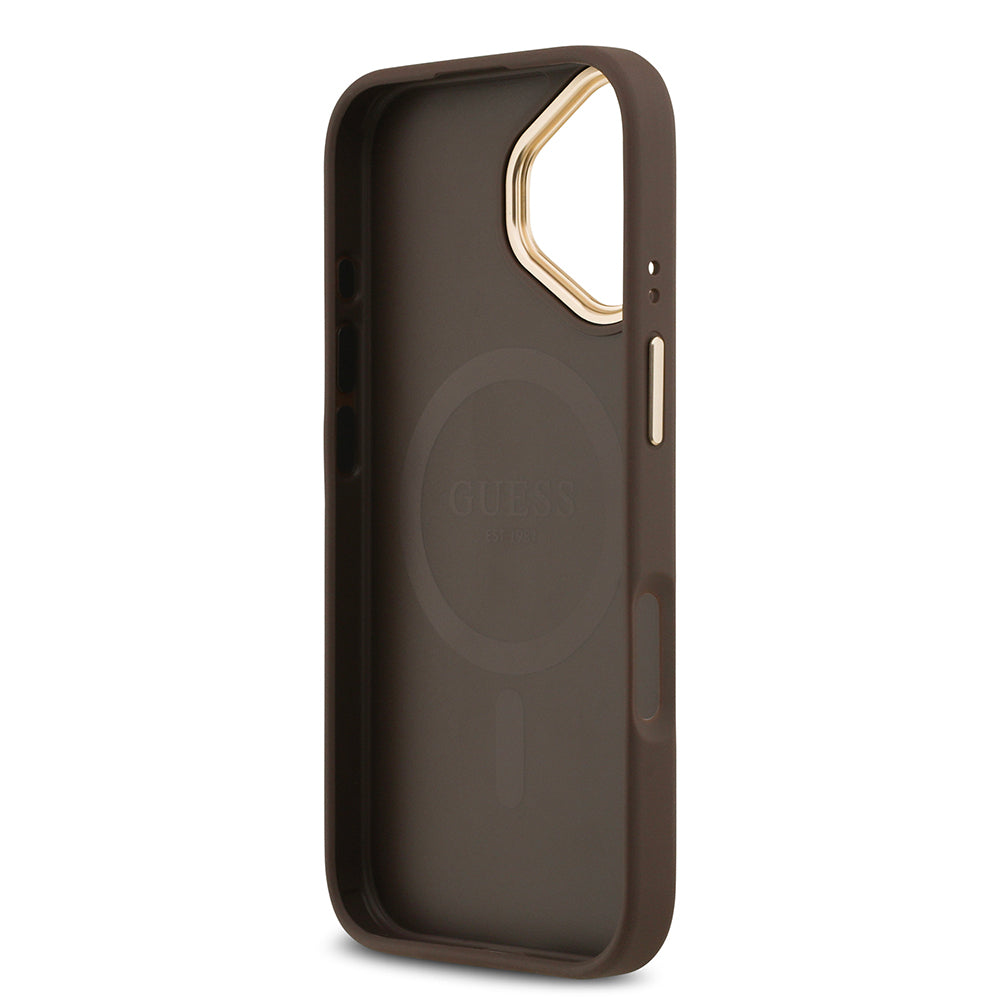 iPhone 17 Kılıf Guess Orijinal Lisanslı M-safe Şarj Özellikli Gold Metal Kamera Çerçeveli Taşlı 4G Logolu Kılıf