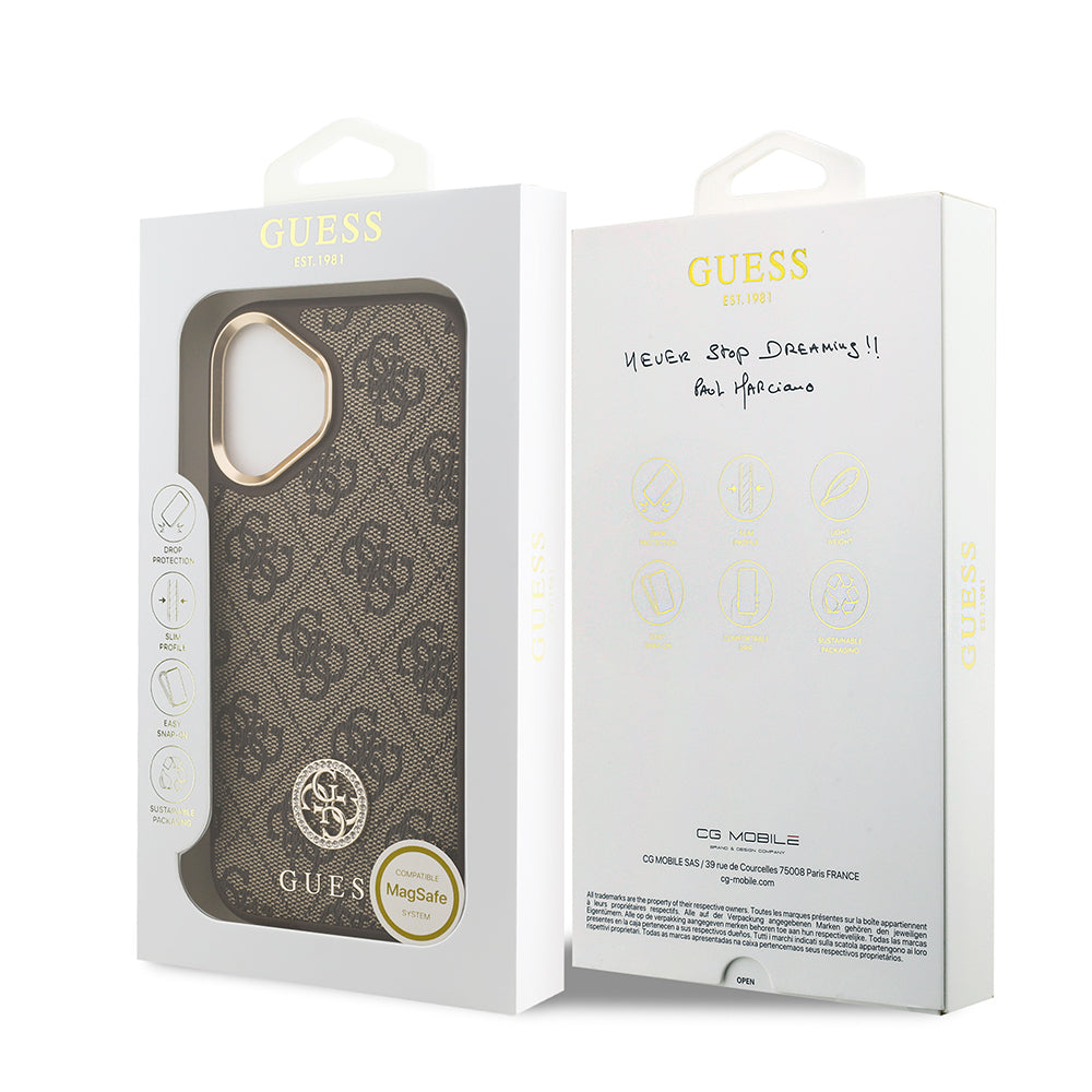 iPhone 17 Kılıf Guess Orijinal Lisanslı M-safe Şarj Özellikli Gold Metal Kamera Çerçeveli Taşlı 4G Logolu Kılıf