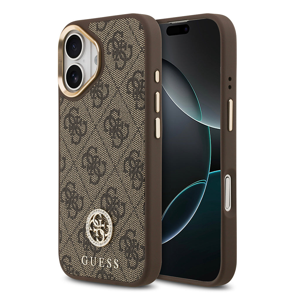 iPhone 17 Kılıf Guess Orijinal Lisanslı M-safe Şarj Özellikli Gold Metal Kamera Çerçeveli Taşlı 4G Logolu Kılıf