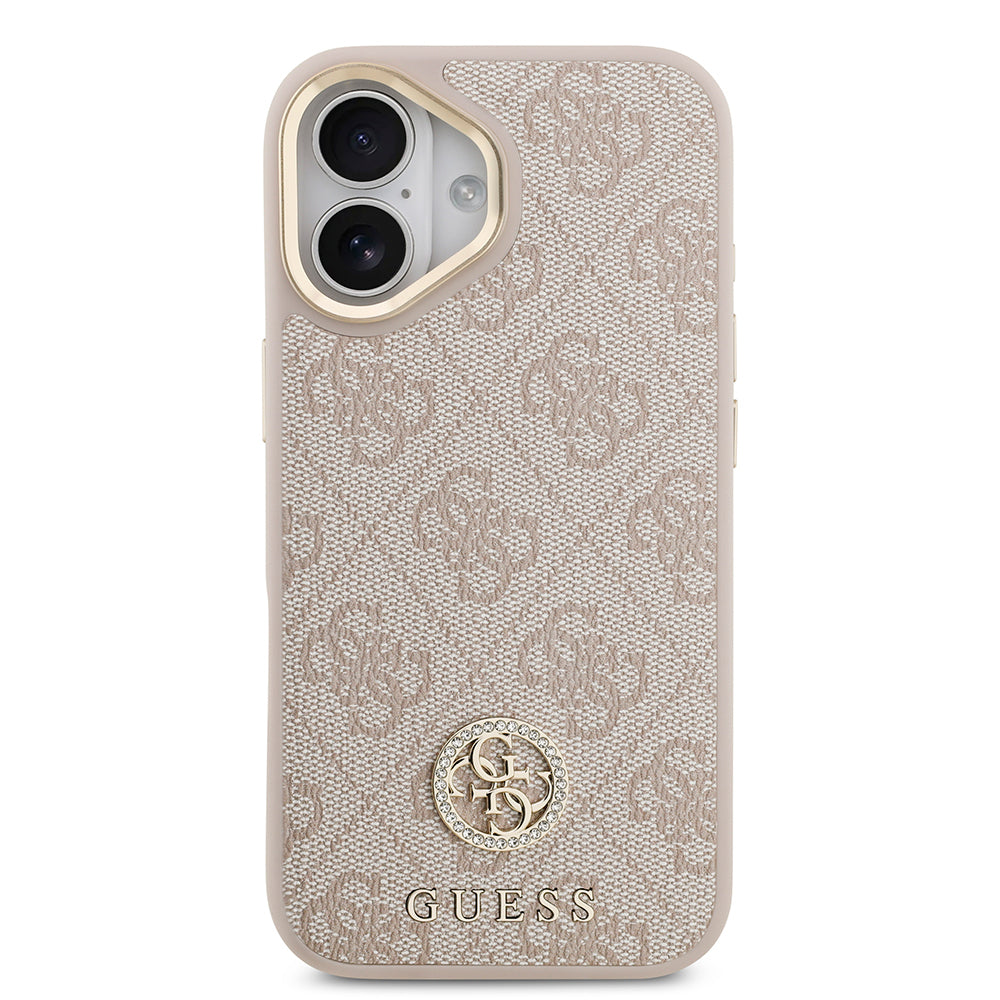 iPhone 17 Kılıf Guess Orijinal Lisanslı M-safe Şarj Özellikli Gold Metal Kamera Çerçeveli Taşlı 4G Logolu Kılıf