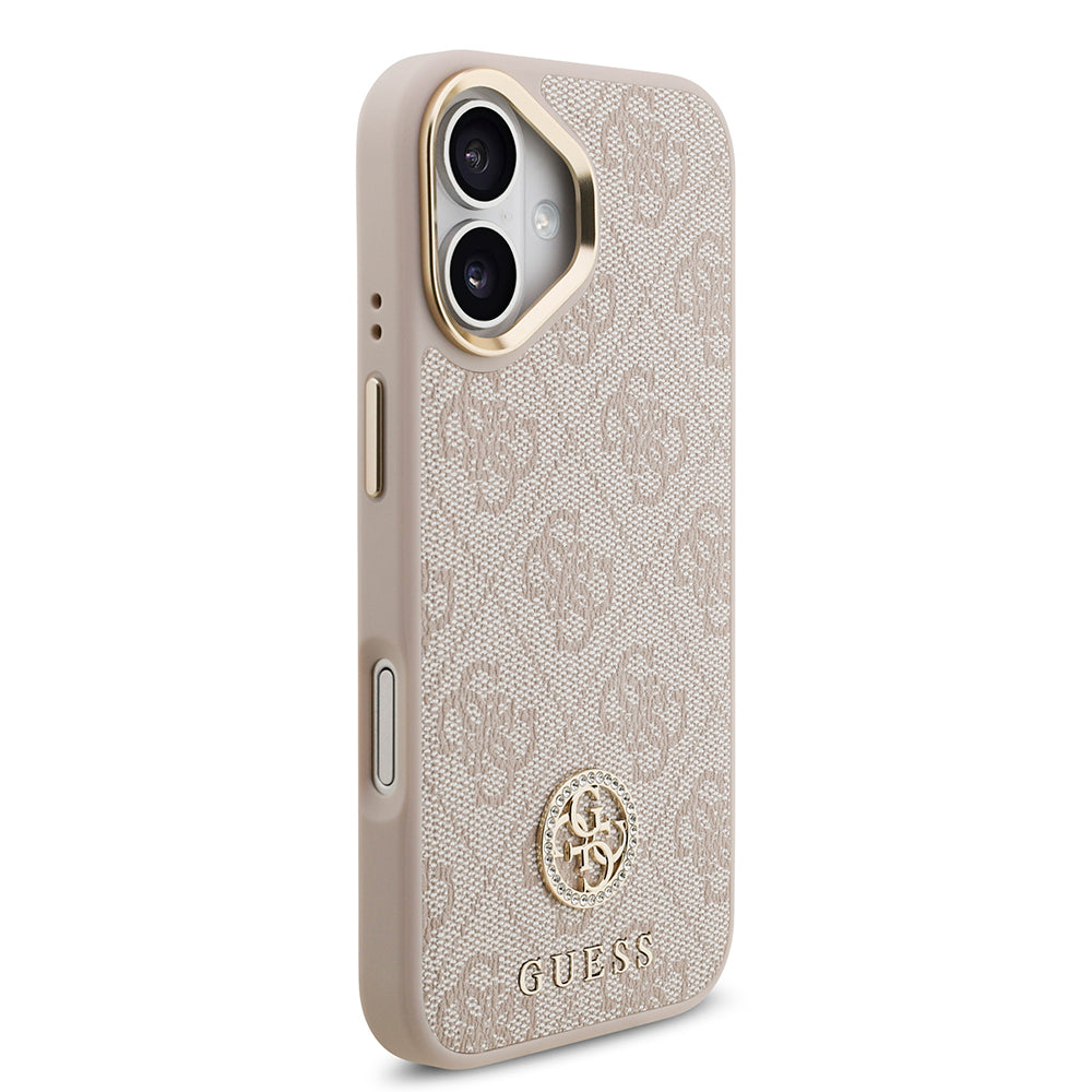 iPhone 17 Kılıf Guess Orijinal Lisanslı M-safe Şarj Özellikli Gold Metal Kamera Çerçeveli Taşlı 4G Logolu Kılıf