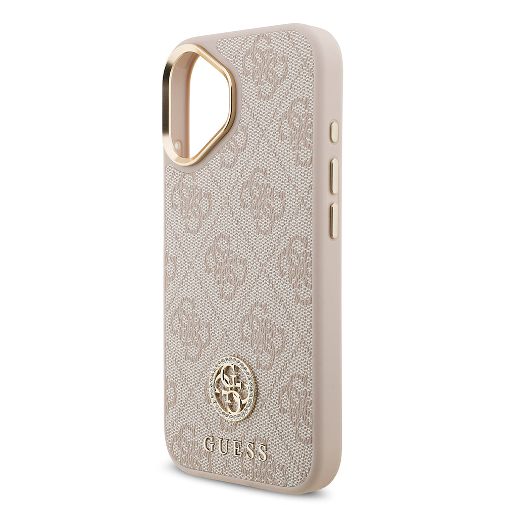 iPhone 17 Kılıf Guess Orijinal Lisanslı M-safe Şarj Özellikli Gold Metal Kamera Çerçeveli Taşlı 4G Logolu Kılıf