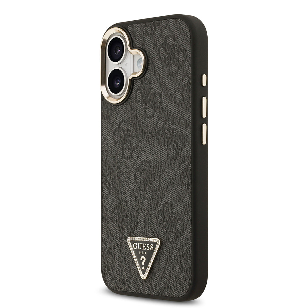 iPhone 17 Kılıf Guess Orijinal Lisanslı M-safe Şarj Özellikli Gold Metal Kamera Çerçeveli Taşlı Üçgen Logo 4G Desenli Kılıf