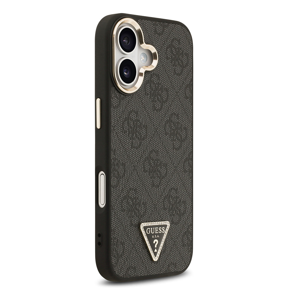 iPhone 17 Kılıf Guess Orijinal Lisanslı M-safe Şarj Özellikli Gold Metal Kamera Çerçeveli Taşlı Üçgen Logo 4G Desenli Kılıf