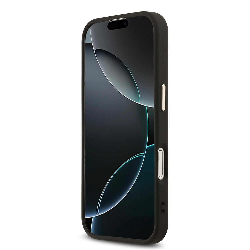 iPhone 17 Kılıf Guess Orijinal Lisanslı M-safe Şarj Özellikli Gold Metal Kamera Çerçeveli Taşlı Üçgen Logo 4G Desenli Kılıf