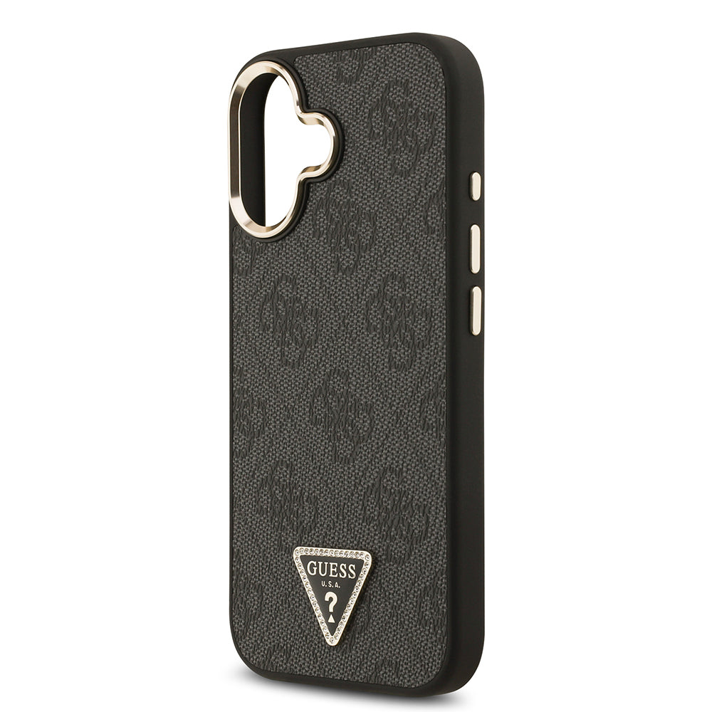 iPhone 17 Kılıf Guess Orijinal Lisanslı M-safe Şarj Özellikli Gold Metal Kamera Çerçeveli Taşlı Üçgen Logo 4G Desenli Kılıf