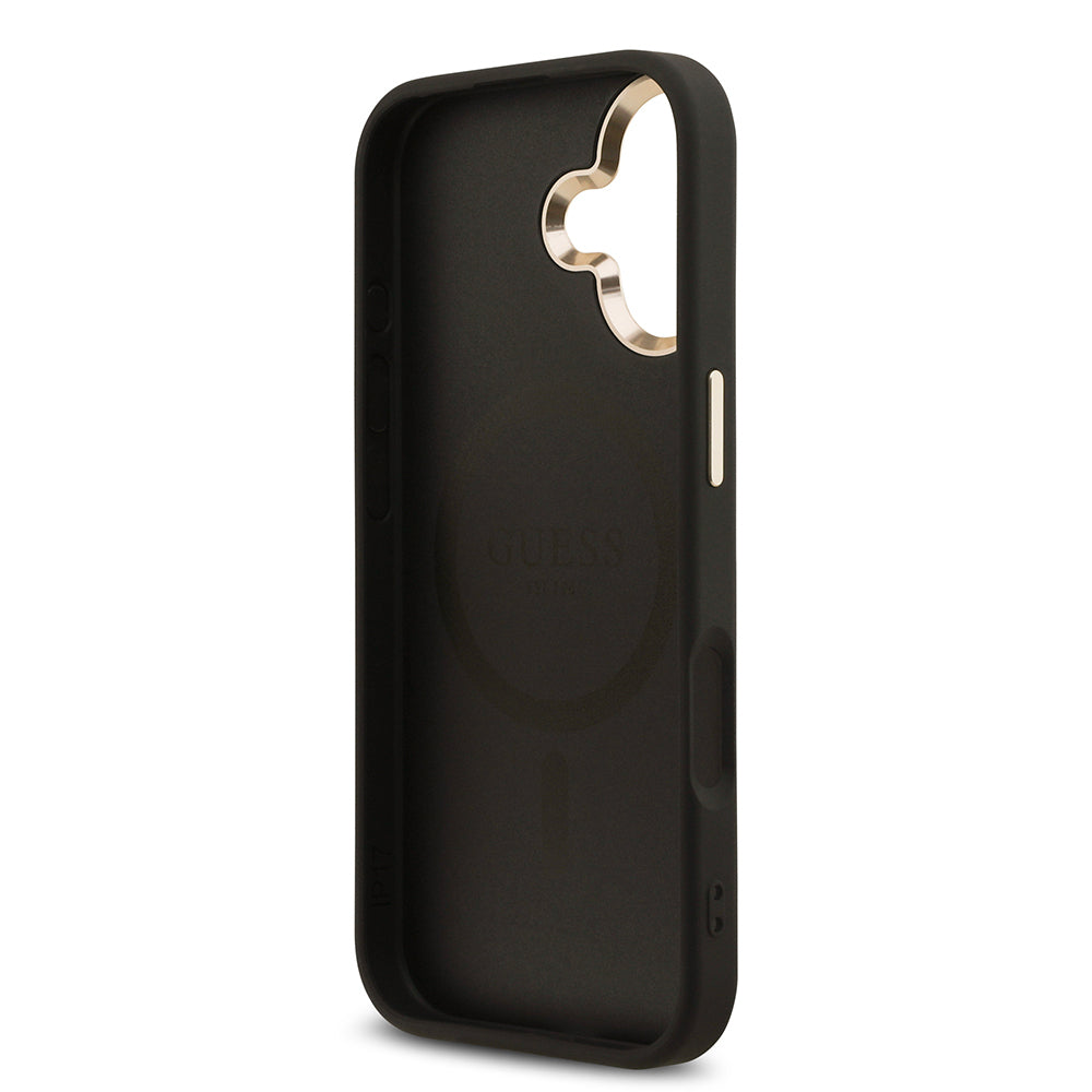 iPhone 17 Kılıf Guess Orijinal Lisanslı M-safe Şarj Özellikli Gold Metal Kamera Çerçeveli Taşlı Üçgen Logo 4G Desenli Kılıf
