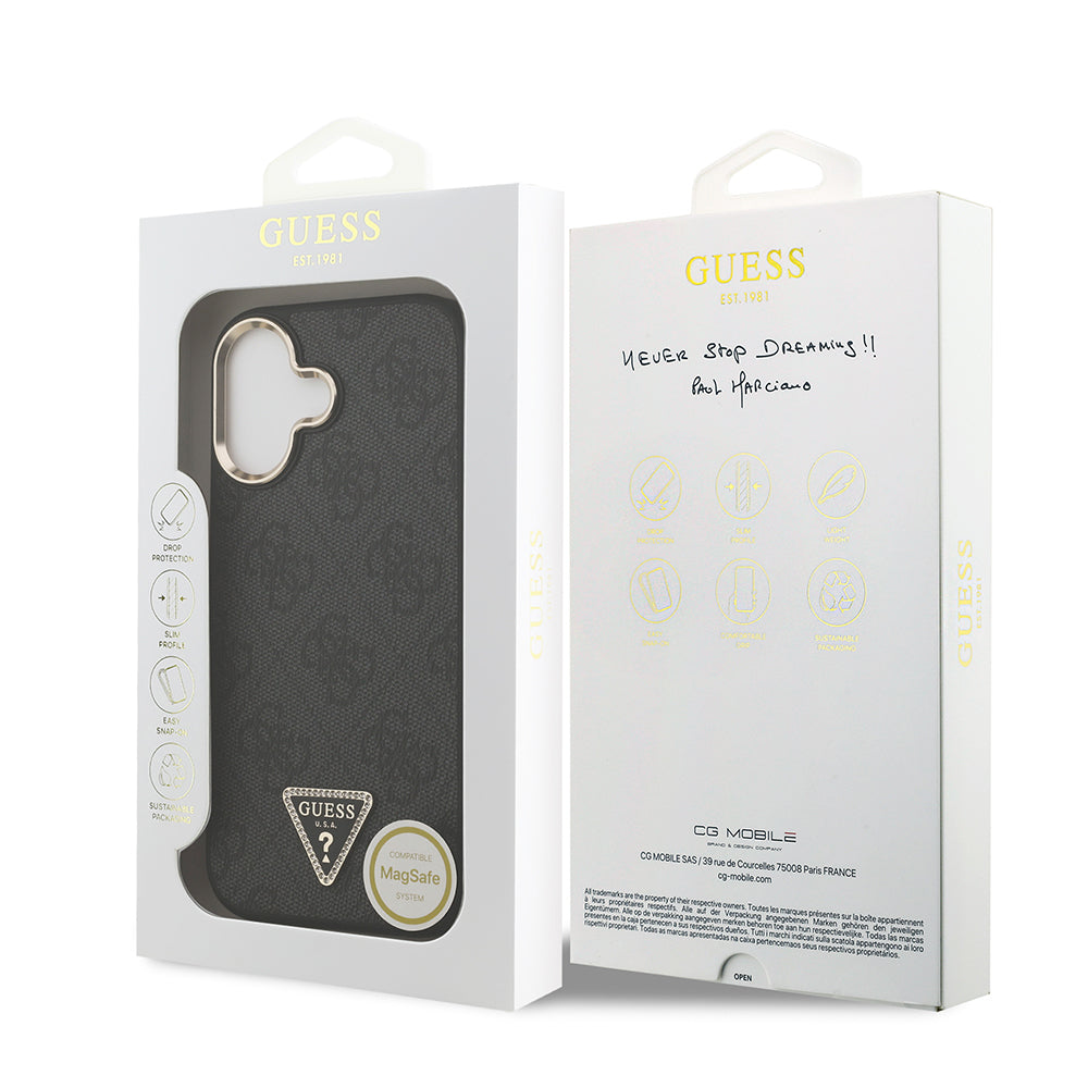 iPhone 17 Kılıf Guess Orijinal Lisanslı M-safe Şarj Özellikli Gold Metal Kamera Çerçeveli Taşlı Üçgen Logo 4G Desenli Kılıf