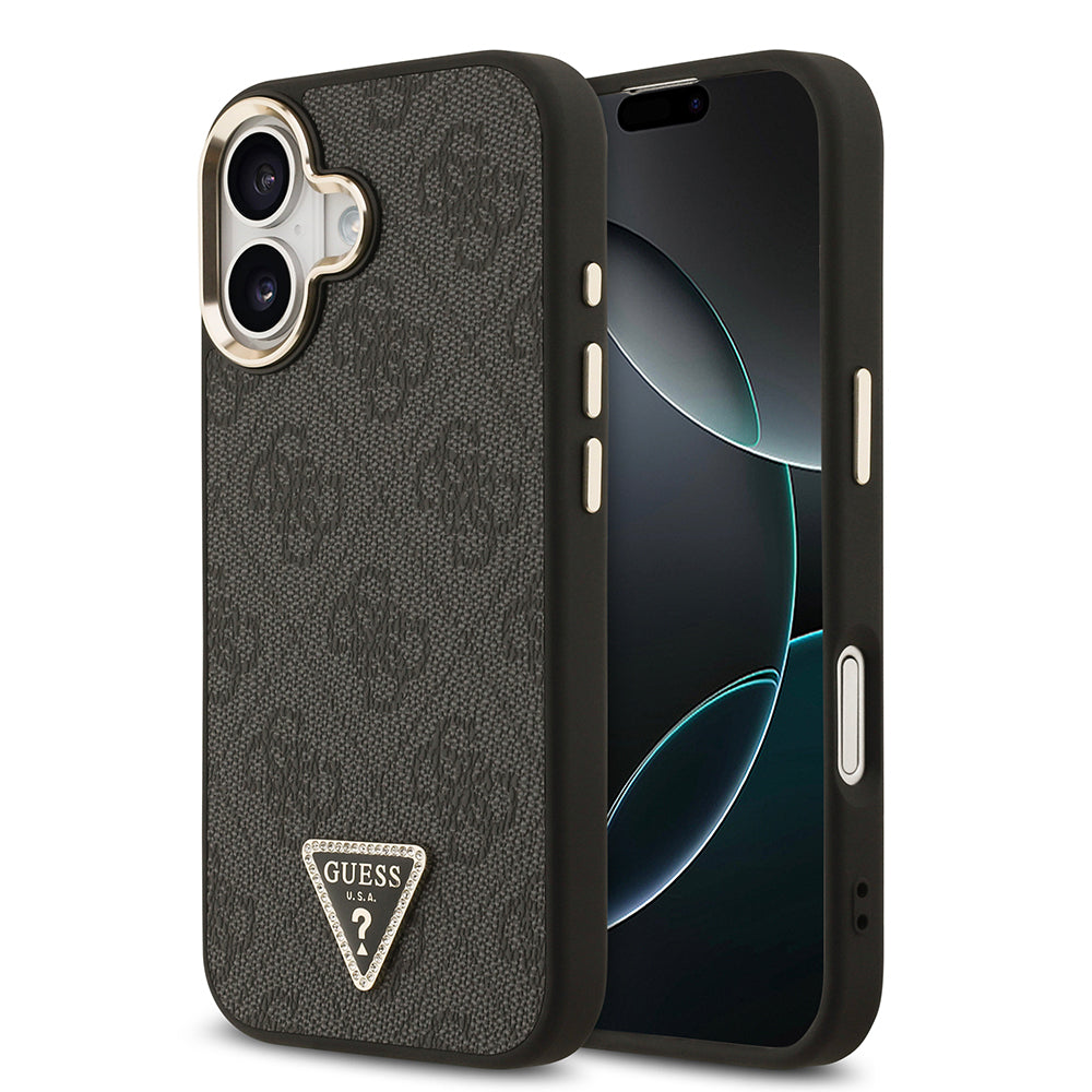 iPhone 17 Kılıf Guess Orijinal Lisanslı M-safe Şarj Özellikli Gold Metal Kamera Çerçeveli Taşlı Üçgen Logo 4G Desenli Kılıf