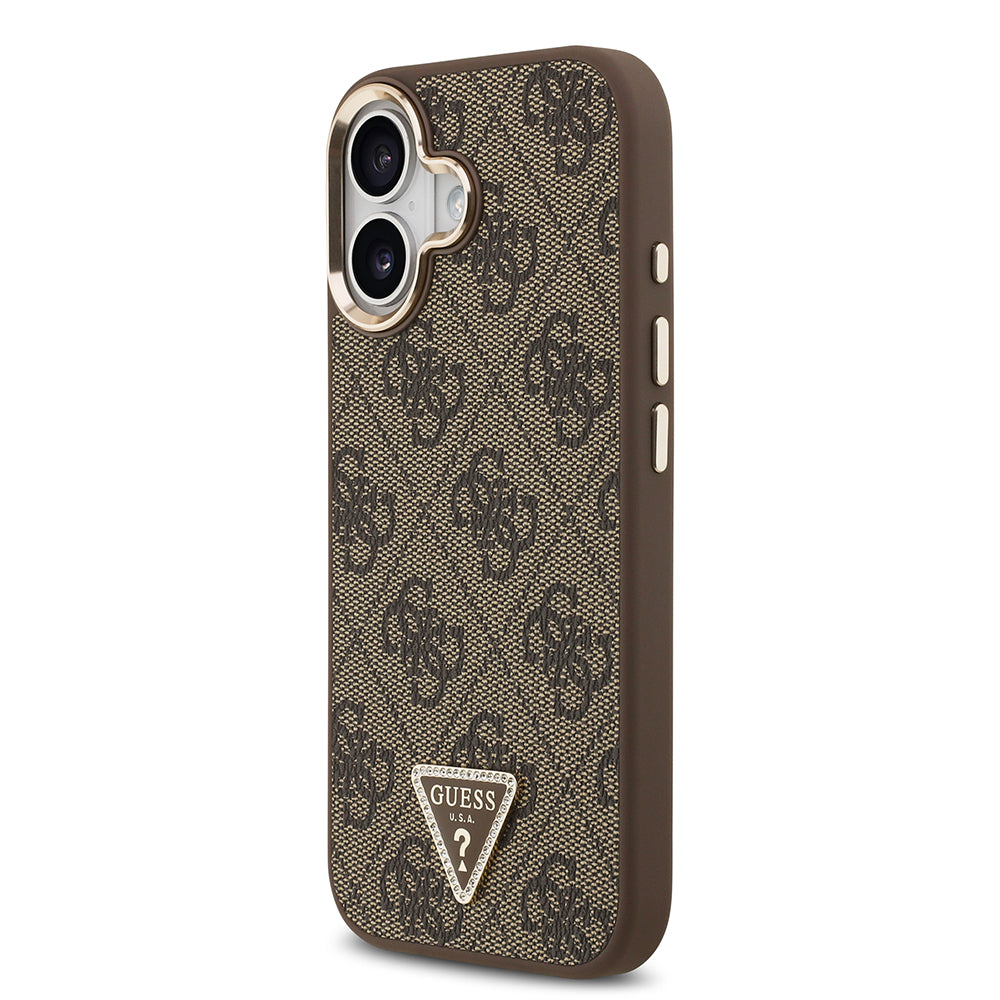iPhone 17 Kılıf Guess Orijinal Lisanslı M-safe Şarj Özellikli Gold Metal Kamera Çerçeveli Taşlı Üçgen Logo 4G Desenli Kılıf