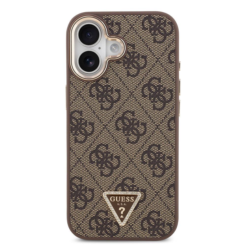 iPhone 17 Kılıf Guess Orijinal Lisanslı M-safe Şarj Özellikli Gold Metal Kamera Çerçeveli Taşlı Üçgen Logo 4G Desenli Kılıf