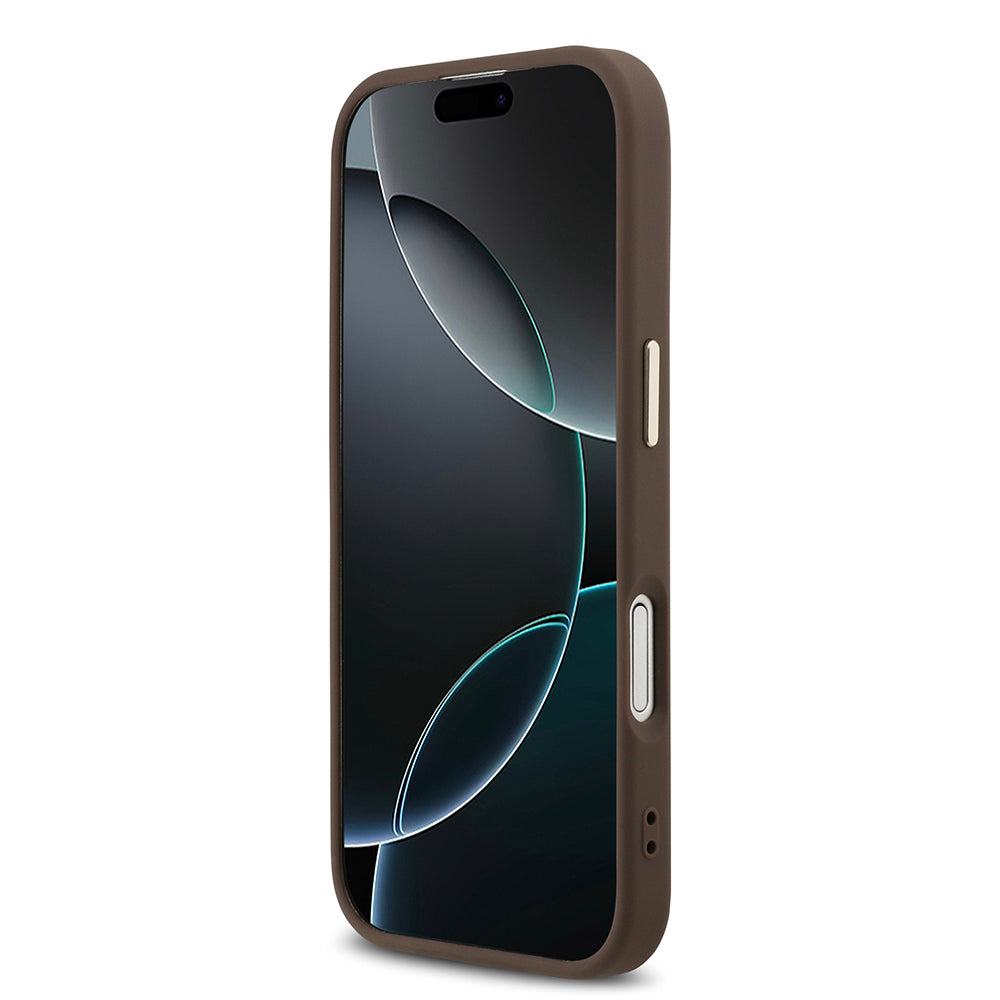 iPhone 17 Kılıf Guess Orijinal Lisanslı M-safe Şarj Özellikli Gold Metal Kamera Çerçeveli Taşlı Üçgen Logo 4G Desenli Kılıf