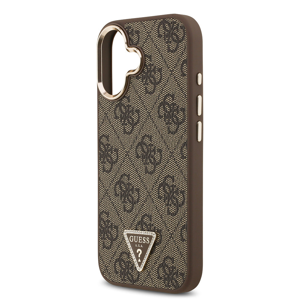 iPhone 17 Kılıf Guess Orijinal Lisanslı M-safe Şarj Özellikli Gold Metal Kamera Çerçeveli Taşlı Üçgen Logo 4G Desenli Kılıf