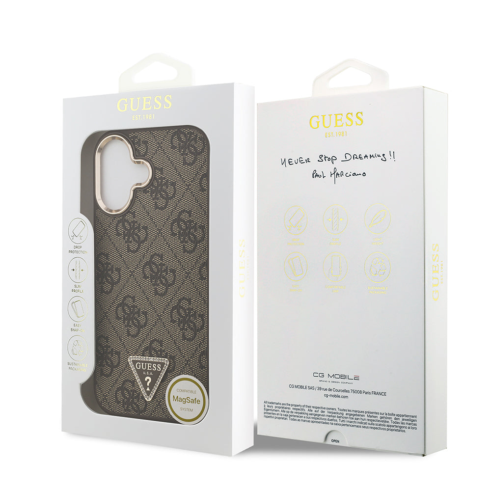 iPhone 17 Kılıf Guess Orijinal Lisanslı M-safe Şarj Özellikli Gold Metal Kamera Çerçeveli Taşlı Üçgen Logo 4G Desenli Kılıf