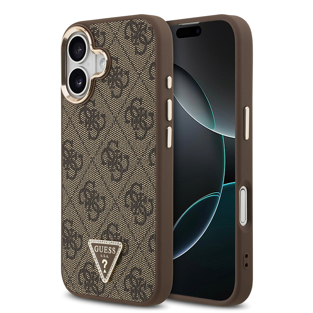 iPhone 17 Kılıf Guess Orijinal Lisanslı M-safe Şarj Özellikli Gold Metal Kamera Çerçeveli Taşlı Üçgen Logo 4G Desenli Kılıf