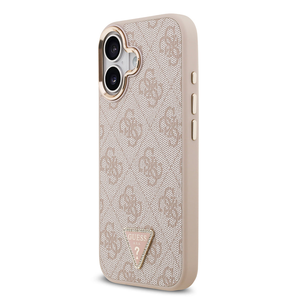 iPhone 17 Kılıf Guess Orijinal Lisanslı M-safe Şarj Özellikli Gold Metal Kamera Çerçeveli Taşlı Üçgen Logo 4G Desenli Kılıf