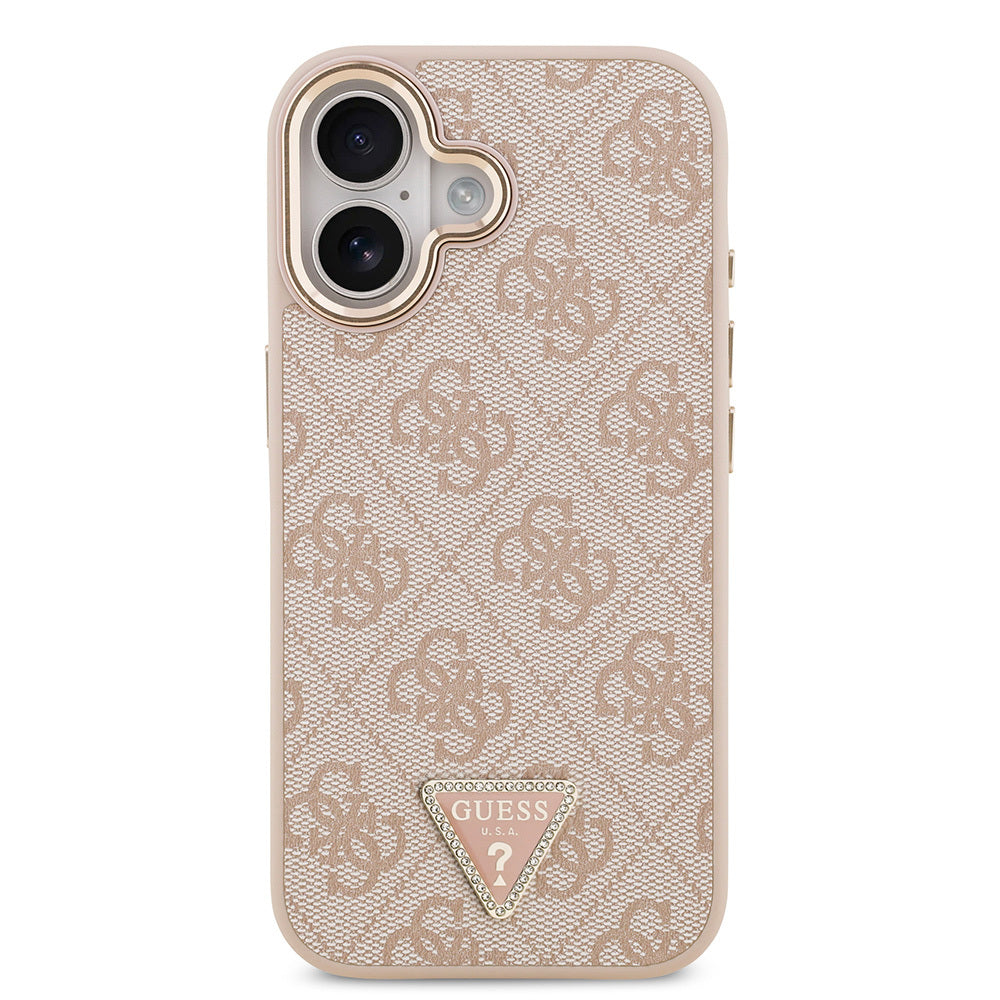 iPhone 17 Kılıf Guess Orijinal Lisanslı M-safe Şarj Özellikli Gold Metal Kamera Çerçeveli Taşlı Üçgen Logo 4G Desenli Kılıf