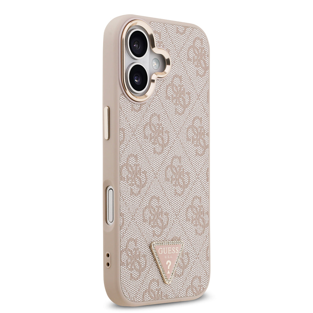 iPhone 17 Kılıf Guess Orijinal Lisanslı M-safe Şarj Özellikli Gold Metal Kamera Çerçeveli Taşlı Üçgen Logo 4G Desenli Kılıf