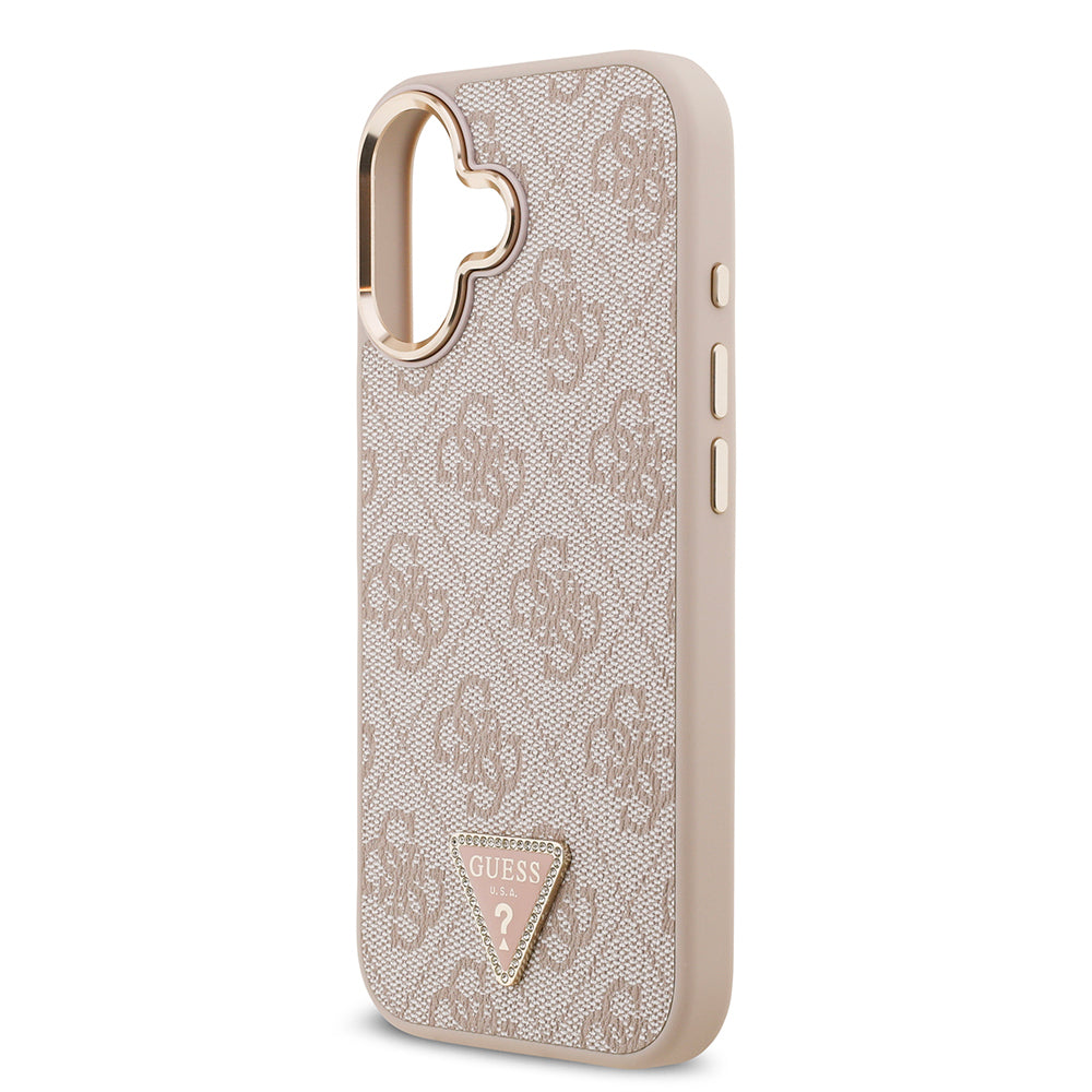 iPhone 17 Kılıf Guess Orijinal Lisanslı M-safe Şarj Özellikli Gold Metal Kamera Çerçeveli Taşlı Üçgen Logo 4G Desenli Kılıf