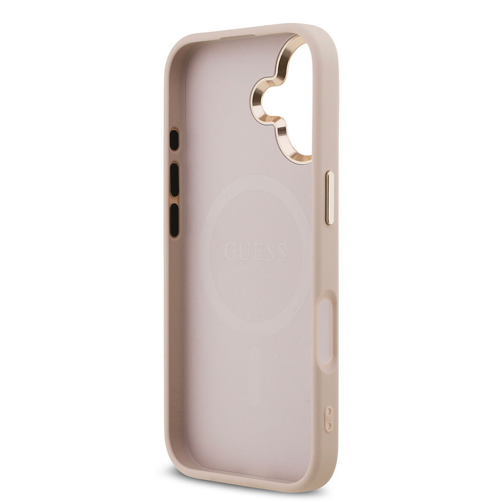 iPhone 17 Kılıf Guess Orijinal Lisanslı M-safe Şarj Özellikli Gold Metal Kamera Çerçeveli Taşlı Üçgen Logo 4G Desenli Kılıf