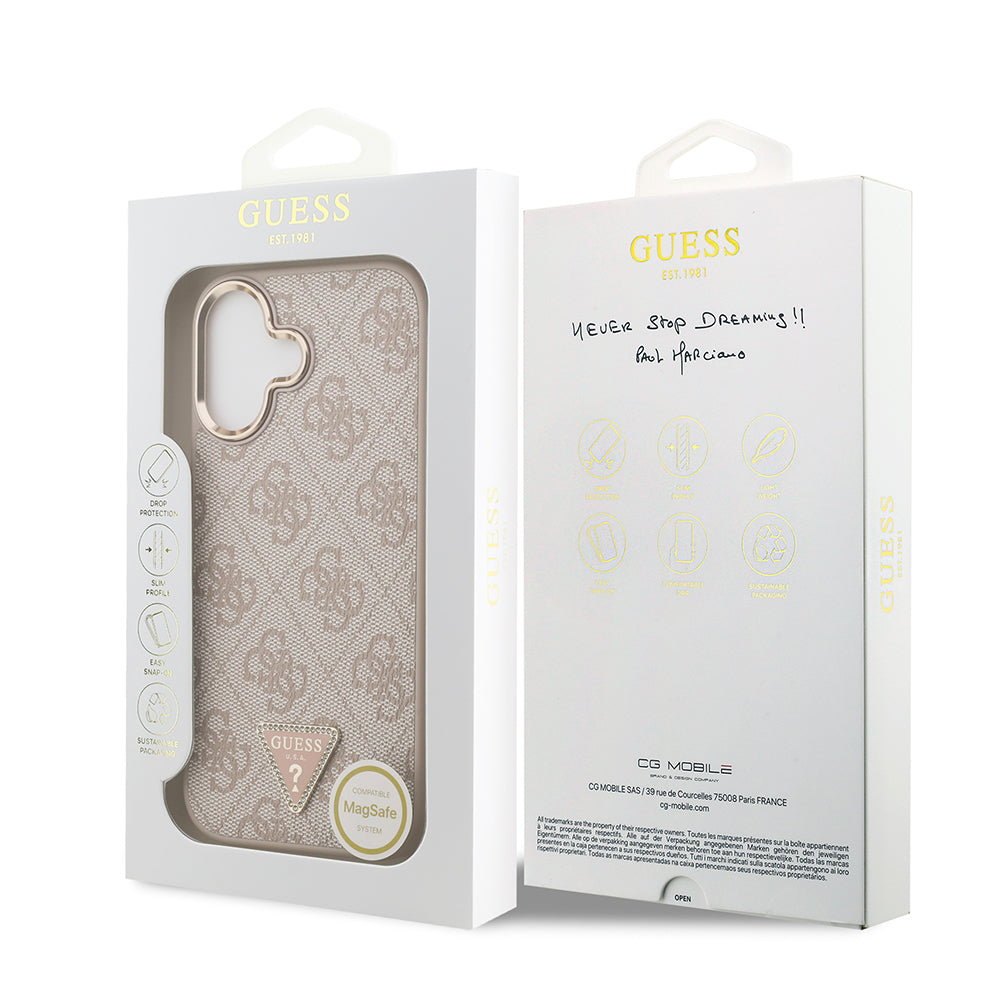 iPhone 17 Kılıf Guess Orijinal Lisanslı M-safe Şarj Özellikli Gold Metal Kamera Çerçeveli Taşlı Üçgen Logo 4G Desenli Kılıf
