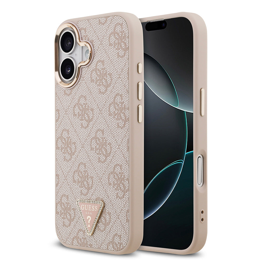 iPhone 17 Kılıf Guess Orijinal Lisanslı M-safe Şarj Özellikli Gold Metal Kamera Çerçeveli Taşlı Üçgen Logo 4G Desenli Kılıf