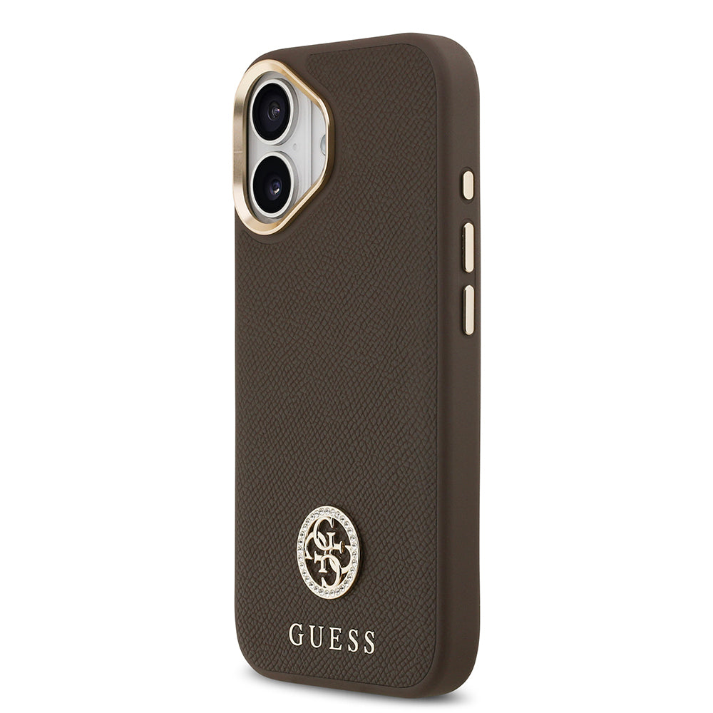 iPhone 17 Kılıf Guess Orijinal Lisanslı M-safe Şarj Özellikli Grained Yazı ve Taşlı 4G Logolu Kılıf