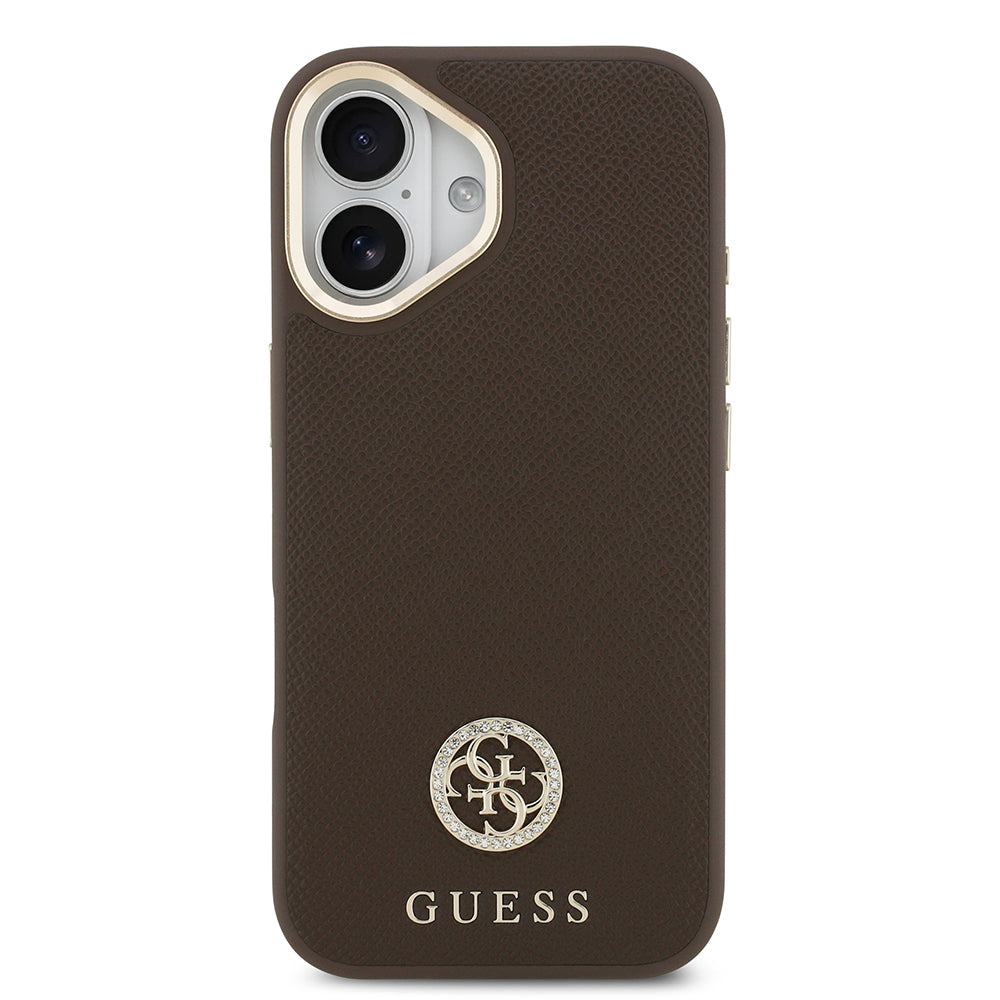 iPhone 17 Kılıf Guess Orijinal Lisanslı M-safe Şarj Özellikli Grained Yazı ve Taşlı 4G Logolu Kılıf
