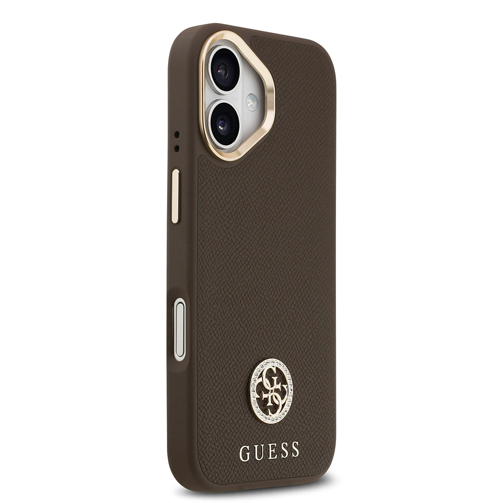 iPhone 17 Kılıf Guess Orijinal Lisanslı M-safe Şarj Özellikli Grained Yazı ve Taşlı 4G Logolu Kılıf