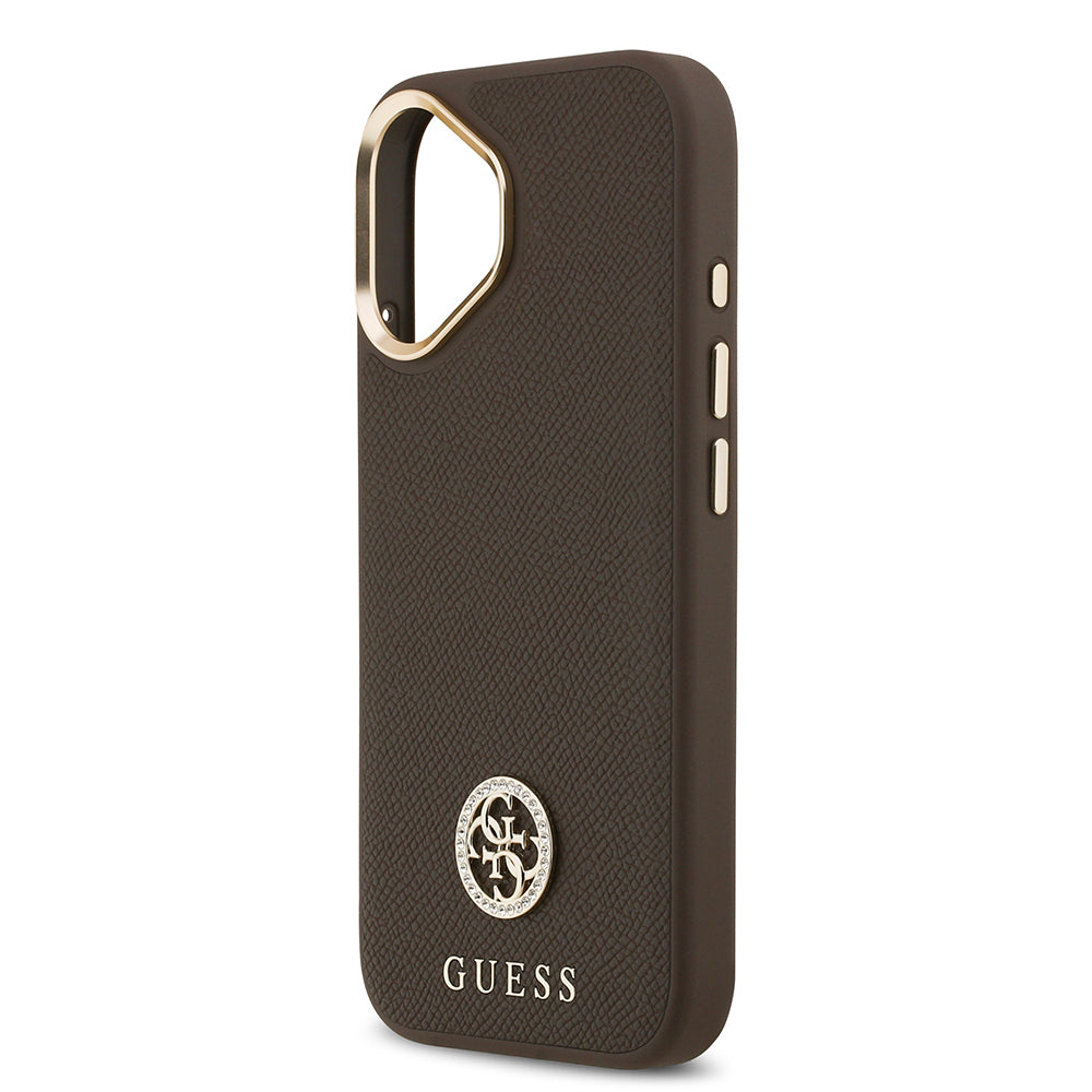 iPhone 17 Kılıf Guess Orijinal Lisanslı M-safe Şarj Özellikli Grained Yazı ve Taşlı 4G Logolu Kılıf