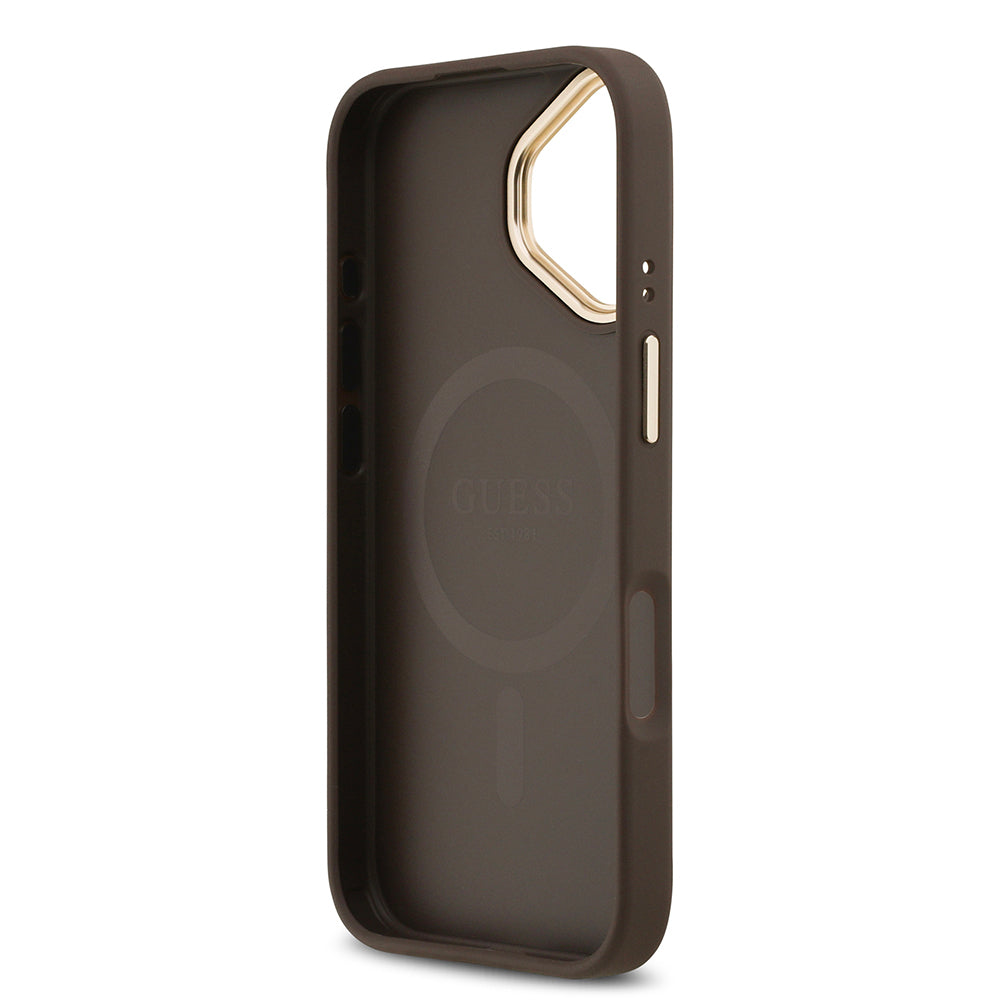 iPhone 17 Kılıf Guess Orijinal Lisanslı M-safe Şarj Özellikli Grained Yazı ve Taşlı 4G Logolu Kılıf
