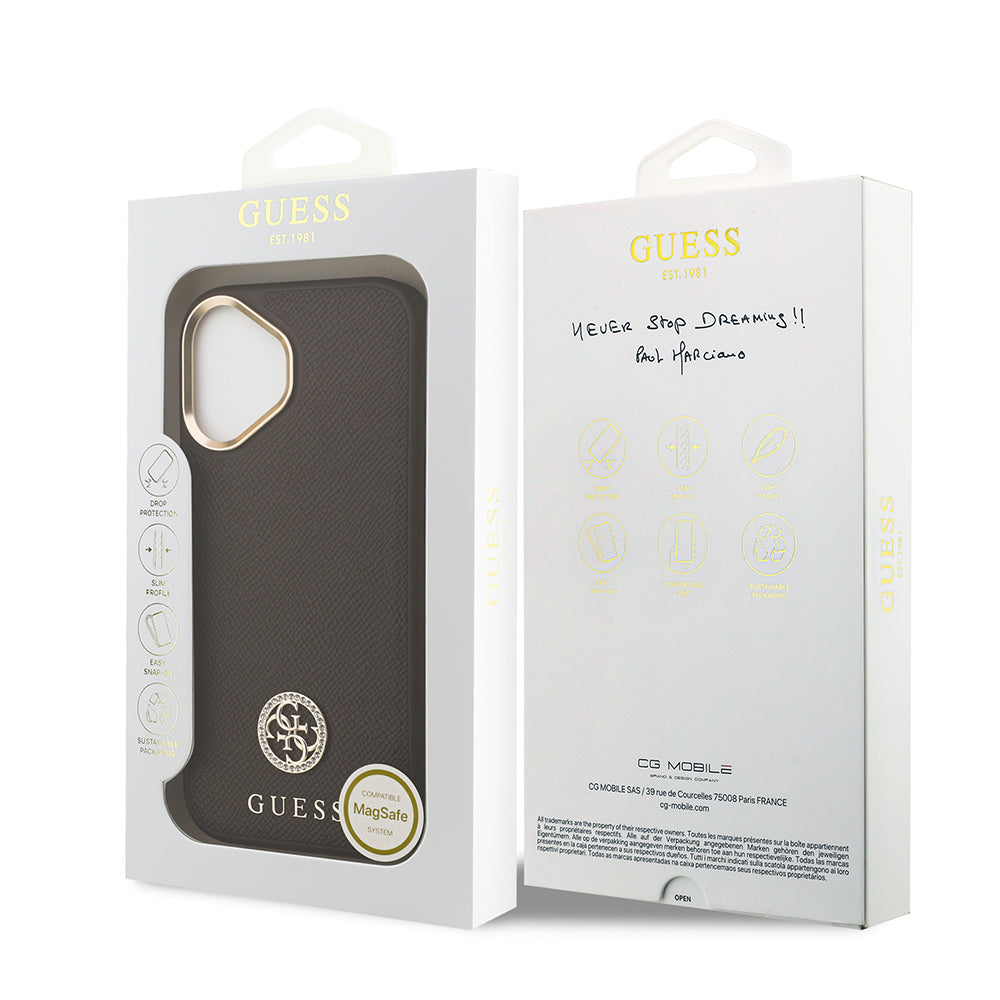 iPhone 17 Kılıf Guess Orijinal Lisanslı M-safe Şarj Özellikli Grained Yazı ve Taşlı 4G Logolu Kılıf