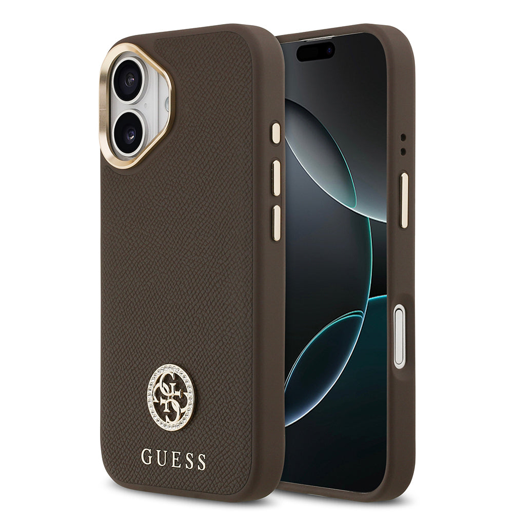 iPhone 17 Kılıf Guess Orijinal Lisanslı M-safe Şarj Özellikli Grained Yazı ve Taşlı 4G Logolu Kılıf