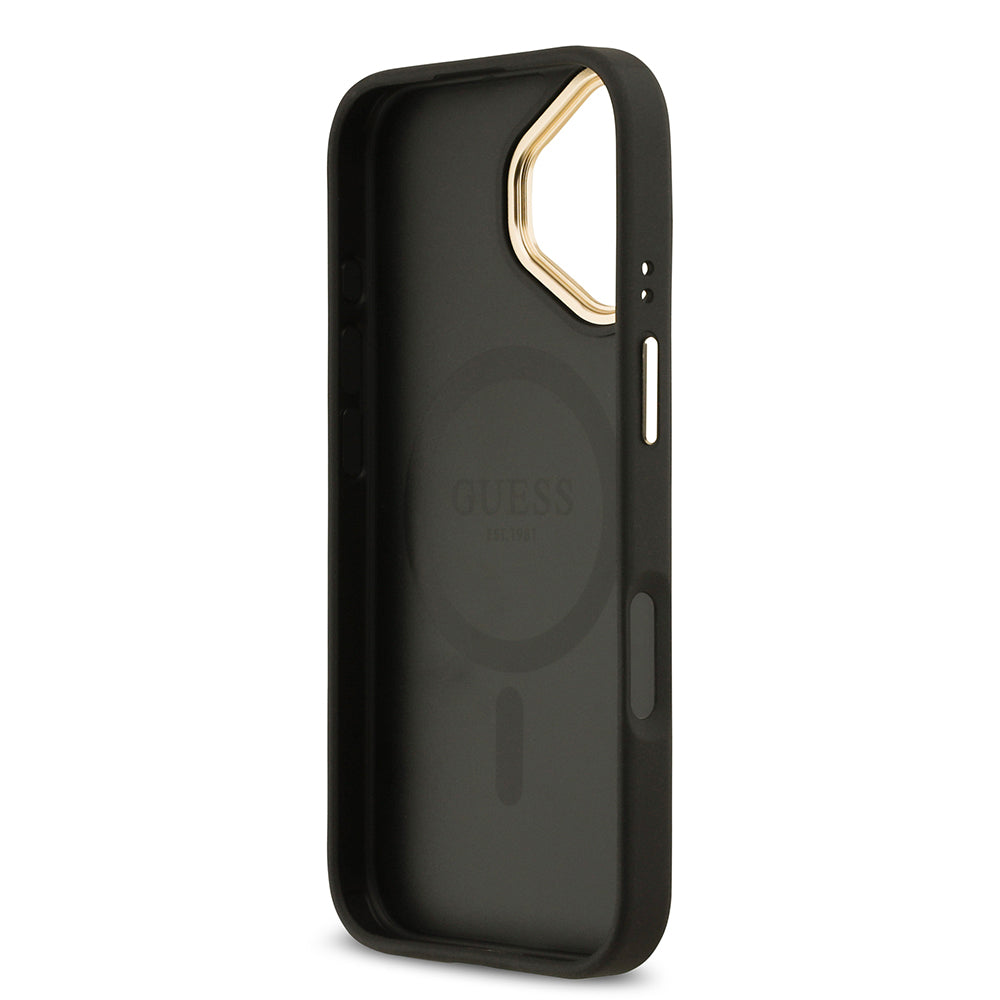 iPhone 17 Kılıf Guess Orijinal Lisanslı M-safe Şarj Özellikli Grained Yazı ve Taşlı 4G Logolu Kılıf