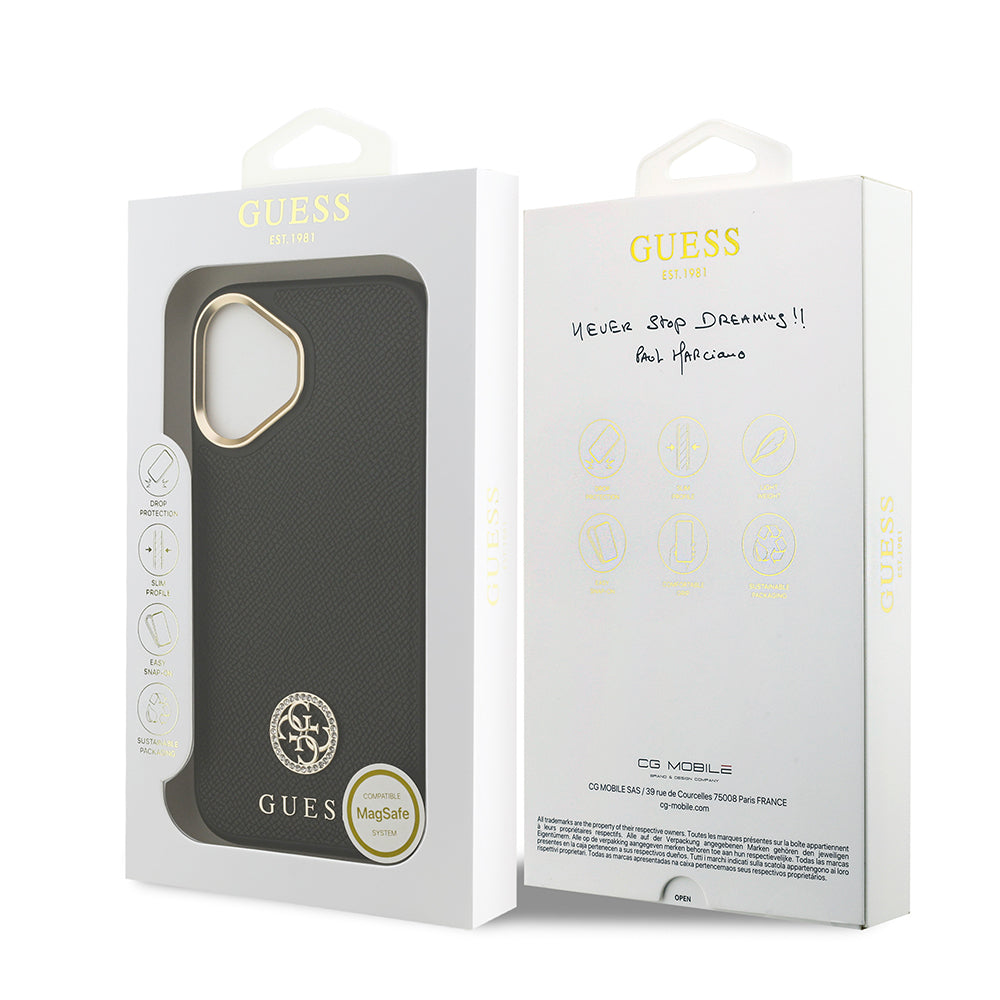 iPhone 17 Kılıf Guess Orijinal Lisanslı M-safe Şarj Özellikli Grained Yazı ve Taşlı 4G Logolu Kılıf