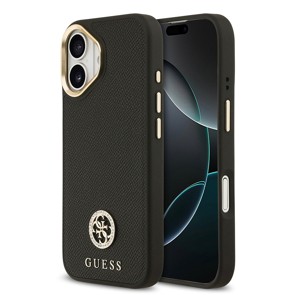 iPhone 17 Kılıf Guess Orijinal Lisanslı M-safe Şarj Özellikli Grained Yazı ve Taşlı 4G Logolu Kılıf
