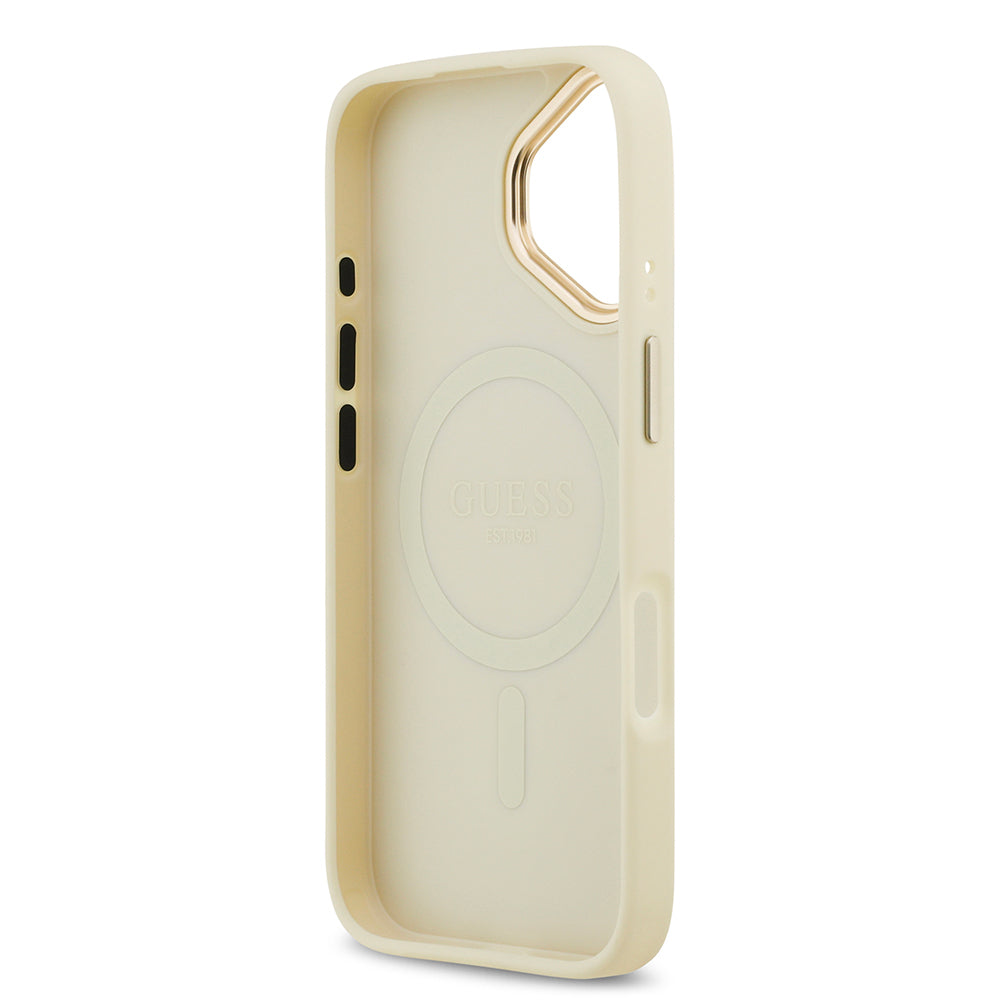 iPhone 17 Kılıf Guess Orijinal Lisanslı M-safe Şarj Özellikli Grained Yazı ve Taşlı 4G Logolu Kılıf